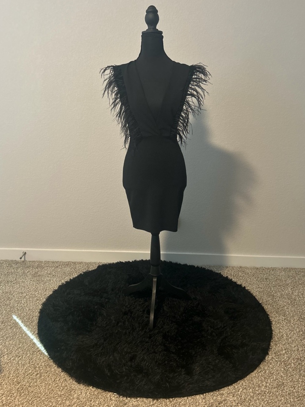 Black Feather Trim Mini Dress | Deep V | Birthday Outfit | Night Out | XS